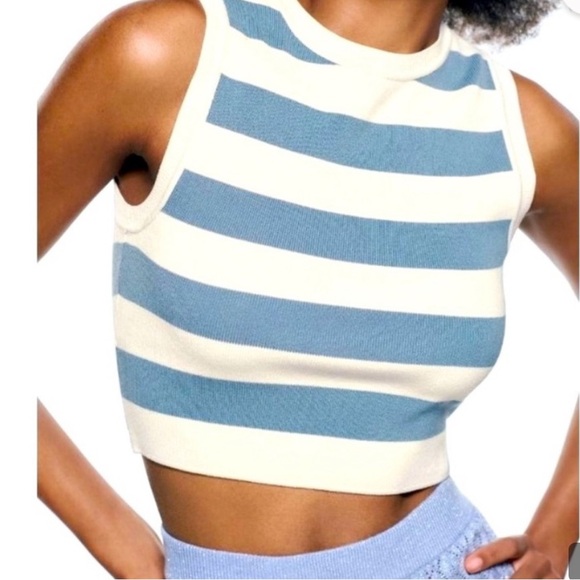Zara Tops - Zara Striped Blue and Cream Knit Crop Tank Top